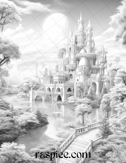 40 Fantasy Landscapes Grayscale Coloring Pages Printable for Adults, PDF File Instant Download