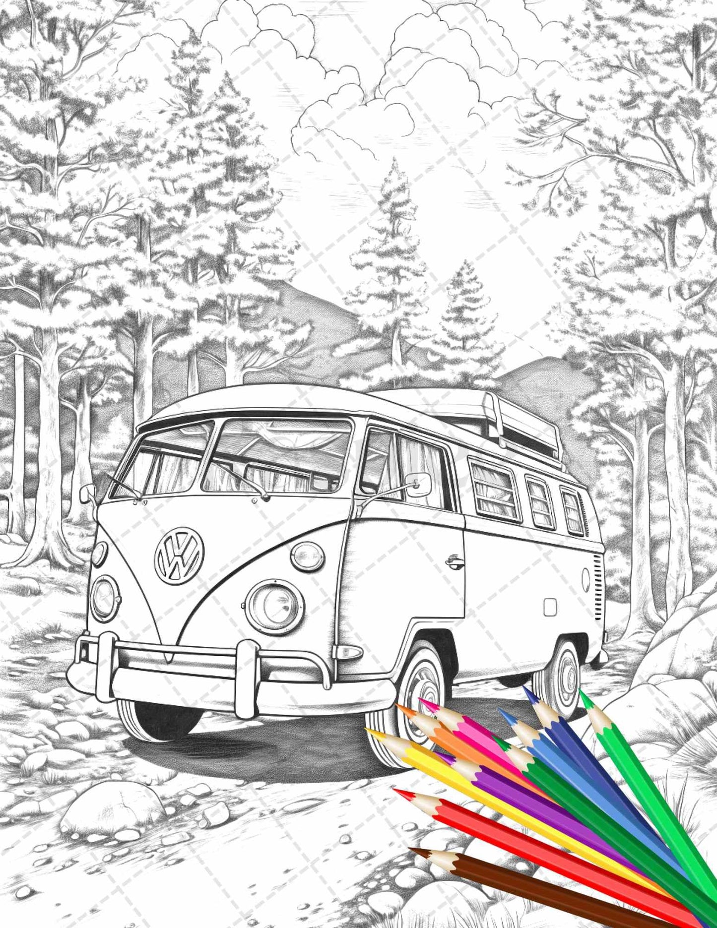 30 Campervan Adventure Grayscale Coloring Pages Printable for Adults, PDF File Instant Download