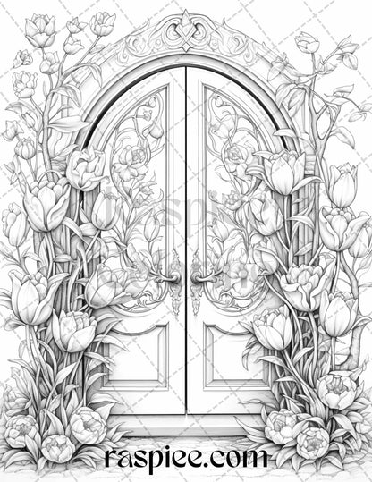 40 Flower Fairy Doors Grayscale Coloring Pages Printable for Adults, PDF File Instant Download