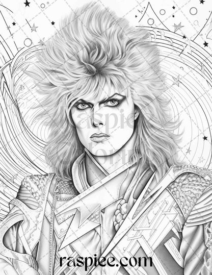 1980s New Wave Pop Star Grayscale Coloring Pages Printable for Adults, PDF File Instant Download