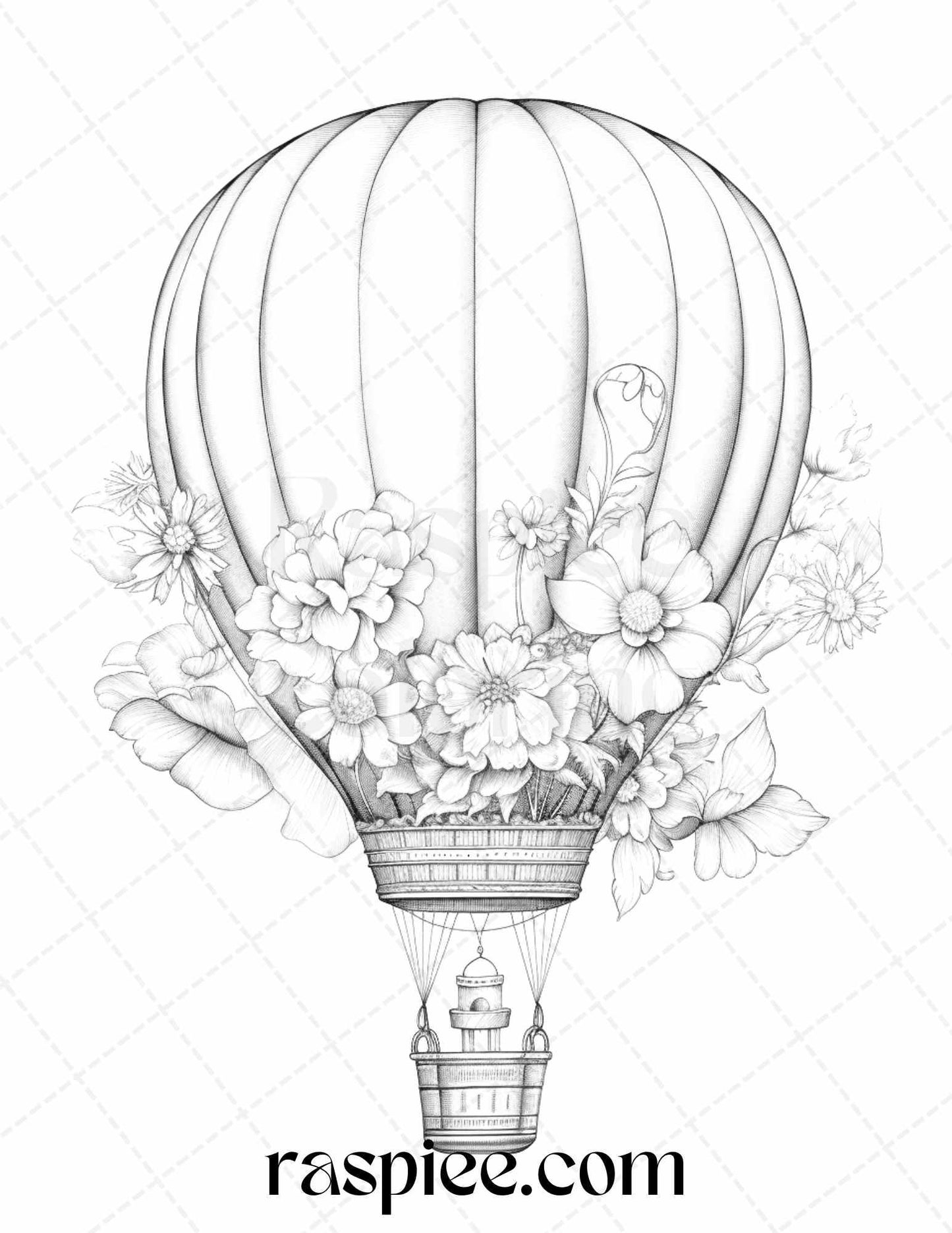 42 Flower Hot Air Balloons Grayscale Coloring Pages Printable for Adults, PDF File Instant Download