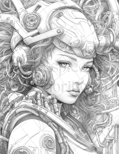 40 Beautiful Cyborg Girls Grayscale Coloring Pages Printable for Adults, PDF File Instant Download