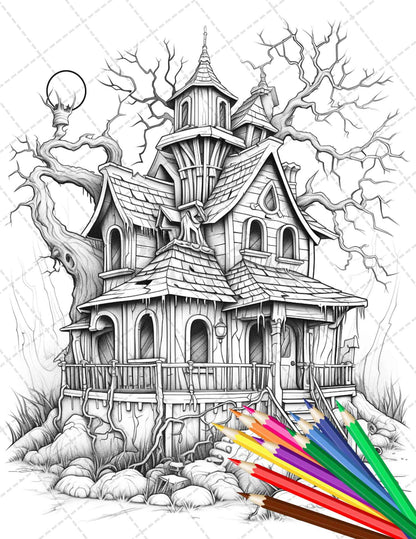 32 Spooky Houses Coloring Pages Printable for Adults, Grayscale Coloring Page, PDF File Instant Download