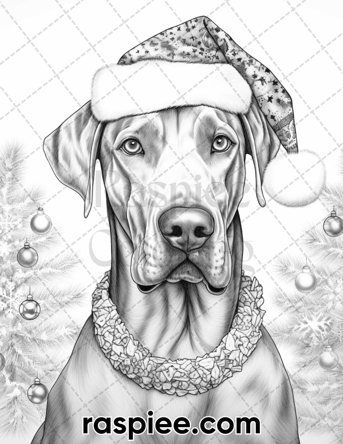 45 Christmas Dogs Grayscale Coloring Pages for Adults, Printable PDF Instant Download