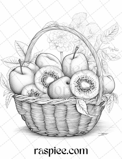 40 Fruit Basket Grayscale Coloring Pages Printable for Adults, PDF File Instant Download