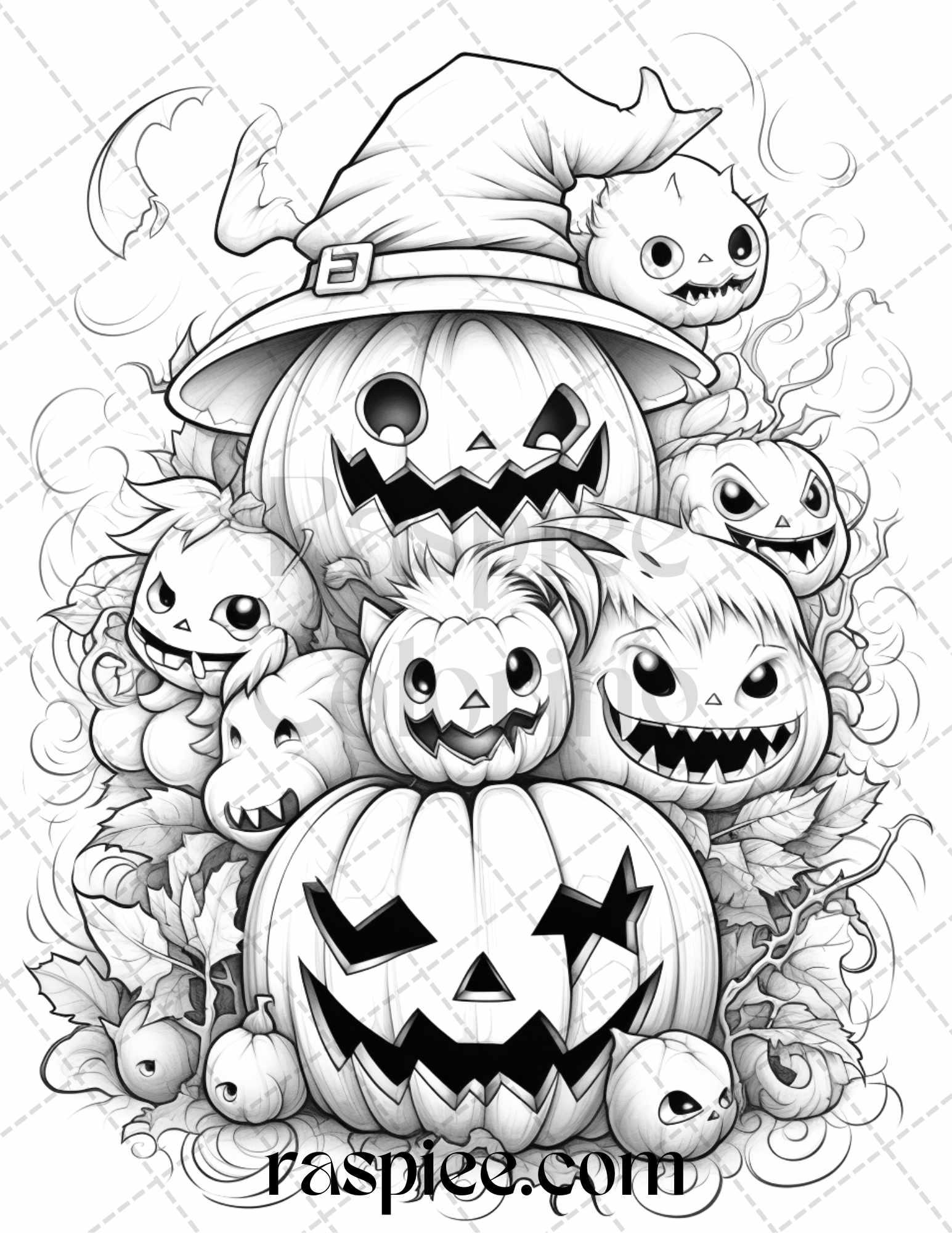 40 Halloween Creepy Kawaii Grayscale Coloring Pages for Adults and Kids, Printable PDF File Instant Download