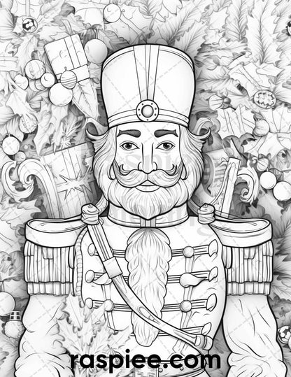 40 Christmas Nutcrackers Grayscale Coloring Pages for Adults, Printable PDF File Instant Download