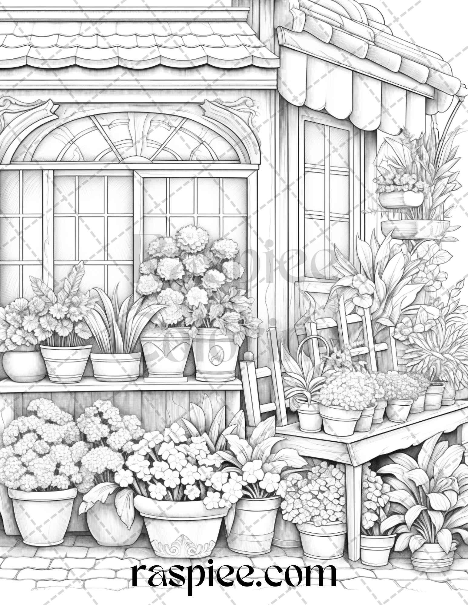 45 Flower Store Front Grayscale Coloring Pages Printable for Adults, PDF File Instant Download