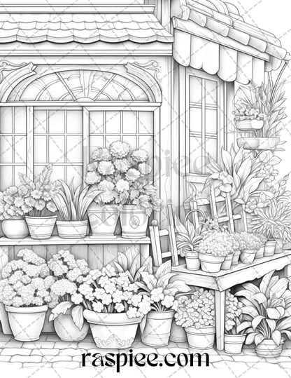 45 Flower Store Front Grayscale Coloring Pages Printable for Adults, PDF File Instant Download