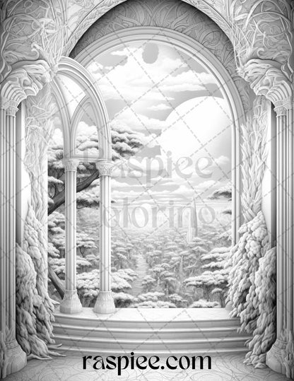 40 Window to Fantasy Worlds Grayscale Coloring Pages Printable for Adults, PDF File Instant Download