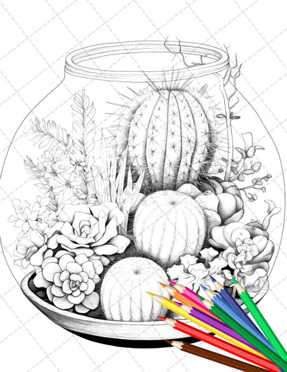 34 Enchanted Terrarium Grayscale Coloring Pages Printable for Adults, PDF File Instant Download