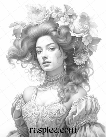 40 Baroque Women Portrait Grayscale Adult Coloring Pages Printable, PDF File Instant Download