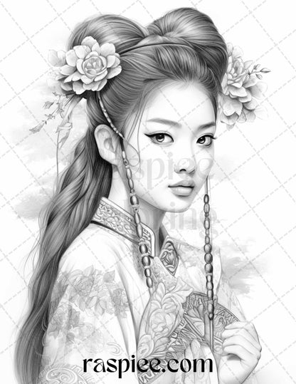 40 Beautiful Chinese Girls Grayscale Coloring Pages for Adults, Printable PDF File Instant Download