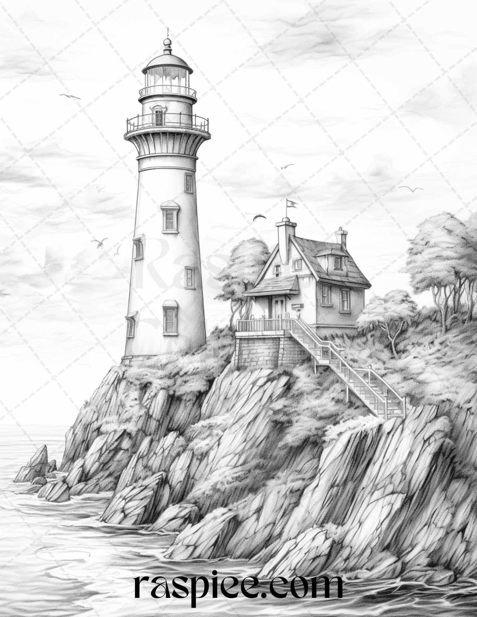 40 Majestic Lighthouses Grayscale Coloring Pages Printable for Adults, PDF File Instant Download