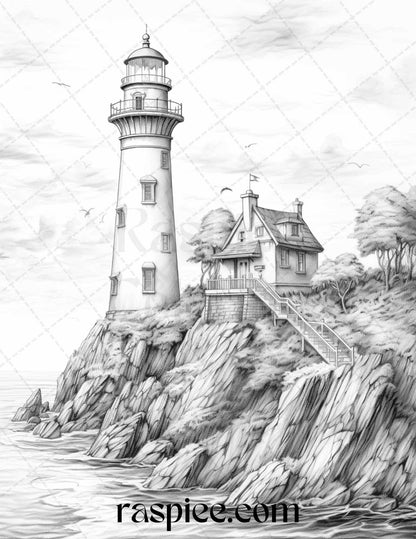 40 Majestic Lighthouses Grayscale Coloring Pages Printable for Adults, PDF File Instant Download