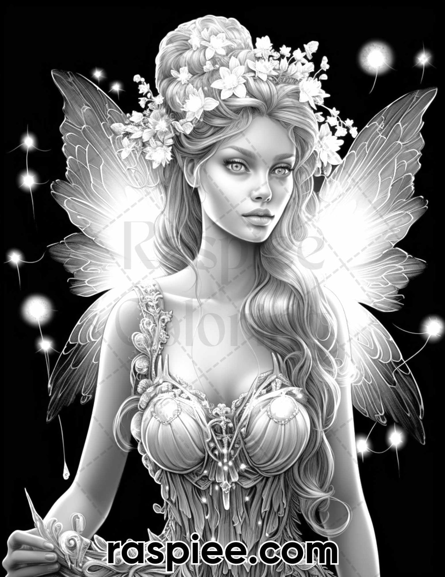 50 Starlight Fairy Grayscale Coloring Pages for Adults, Printable PDF File Instant Download