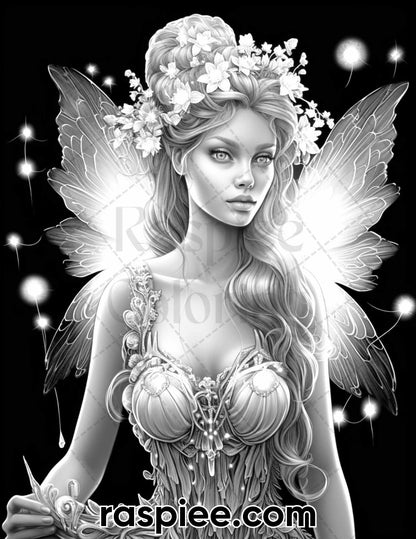 50 Starlight Fairy Grayscale Coloring Pages for Adults, Printable PDF File Instant Download