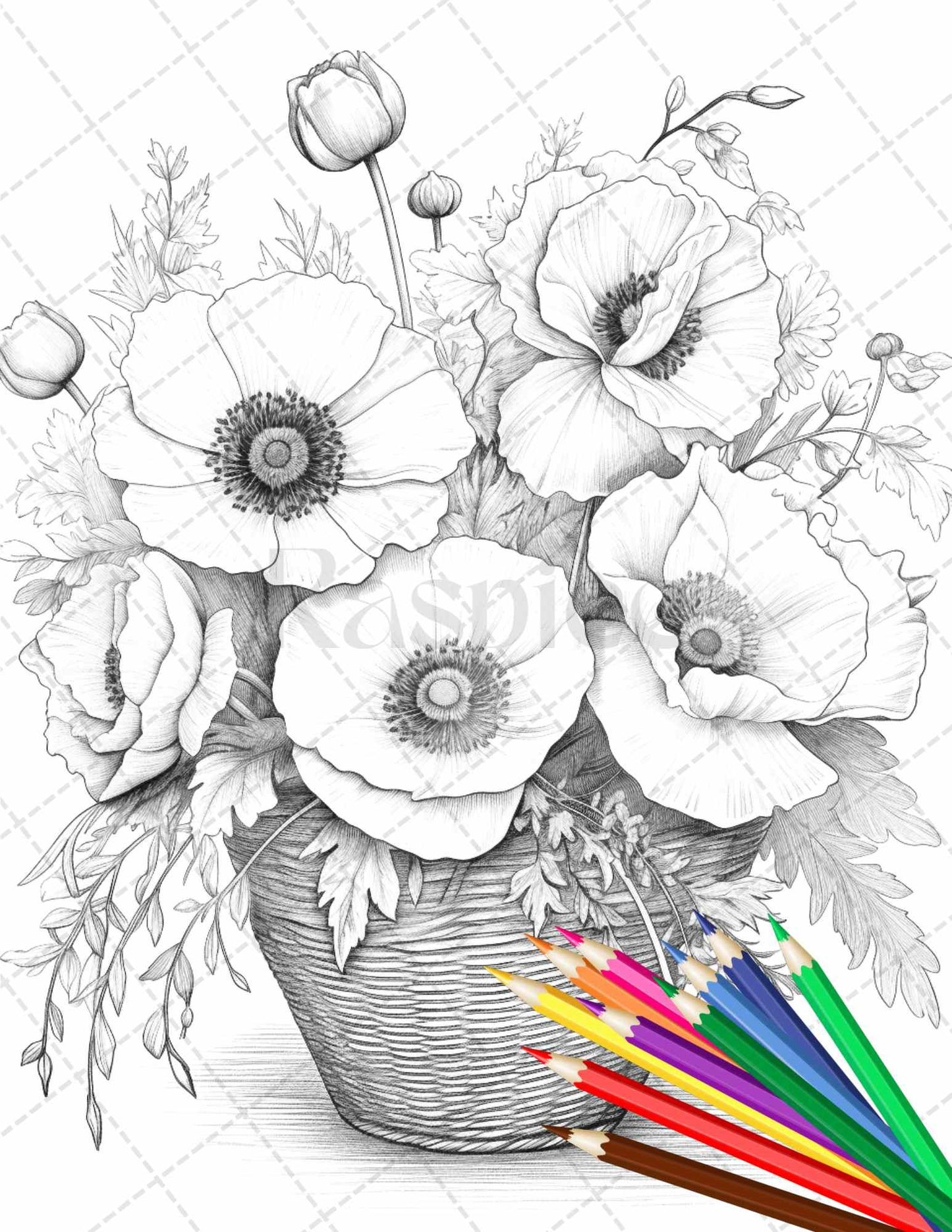 30 Flower Baskets Grayscale Coloring Pages for Adults, PDF File Instant Download