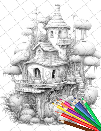 46 Fantasy Cactus Houses Grayscale Coloring Pages Printable for Adults, PDF File Instant Download