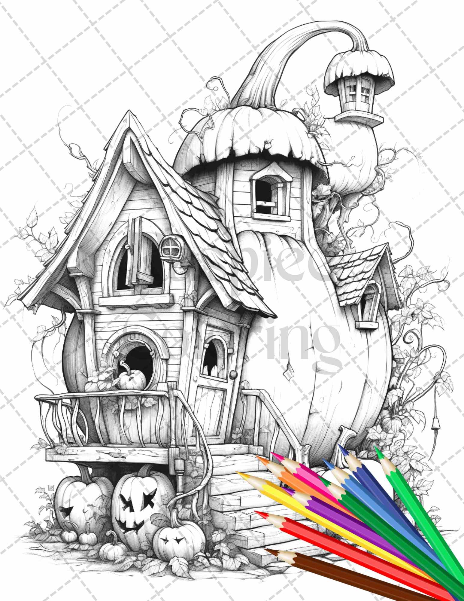 40 Pumpkin Fairy Houses Grayscale Coloring Pages Printable for Adults, PDF File Instant Download