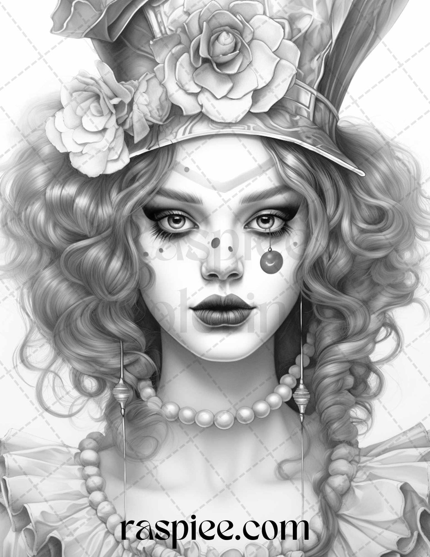 42 Beautiful Clown Girls Grayscale Coloring Pages Printable for Adults, PDF File Instant Download