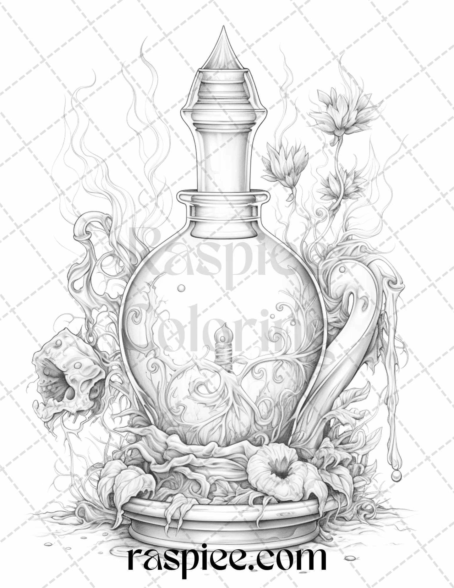 40 Mystical Magic Potions Grayscale Coloring Pages Printable for Adults, PDF File Instant Download