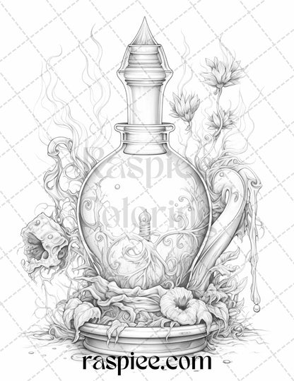 40 Mystical Magic Potions Grayscale Coloring Pages Printable for Adults, PDF File Instant Download