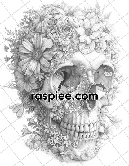 95 Skull Art Grayscale Adult Coloring Pages, Printable PDF Instant Download