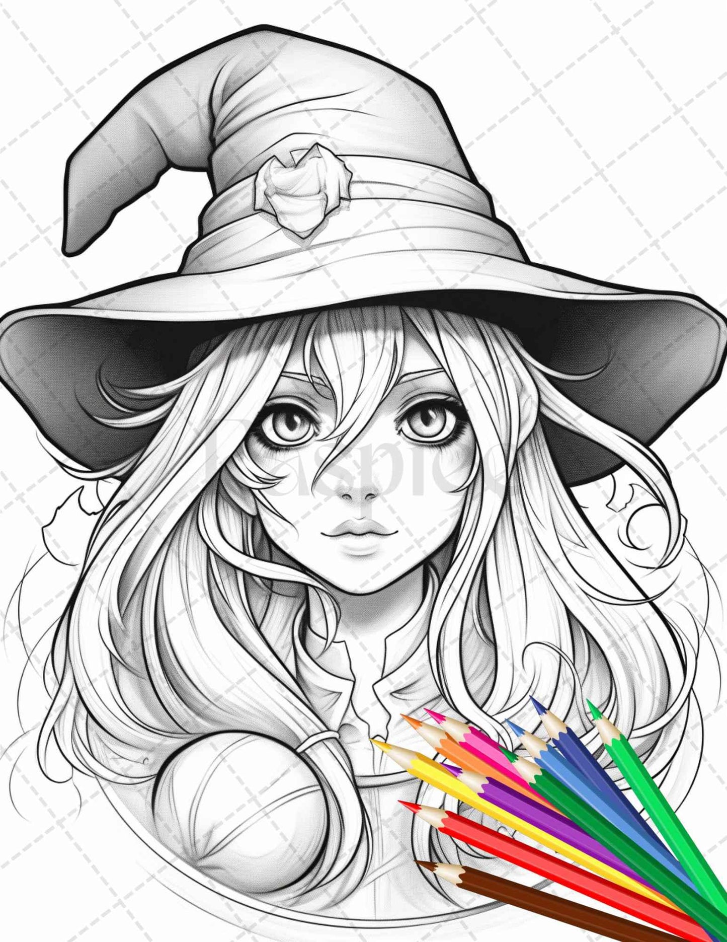 40 Cute Witches Coloring Pages Printable for Adults, Grayscale Coloring Page, PDF File Instant Download