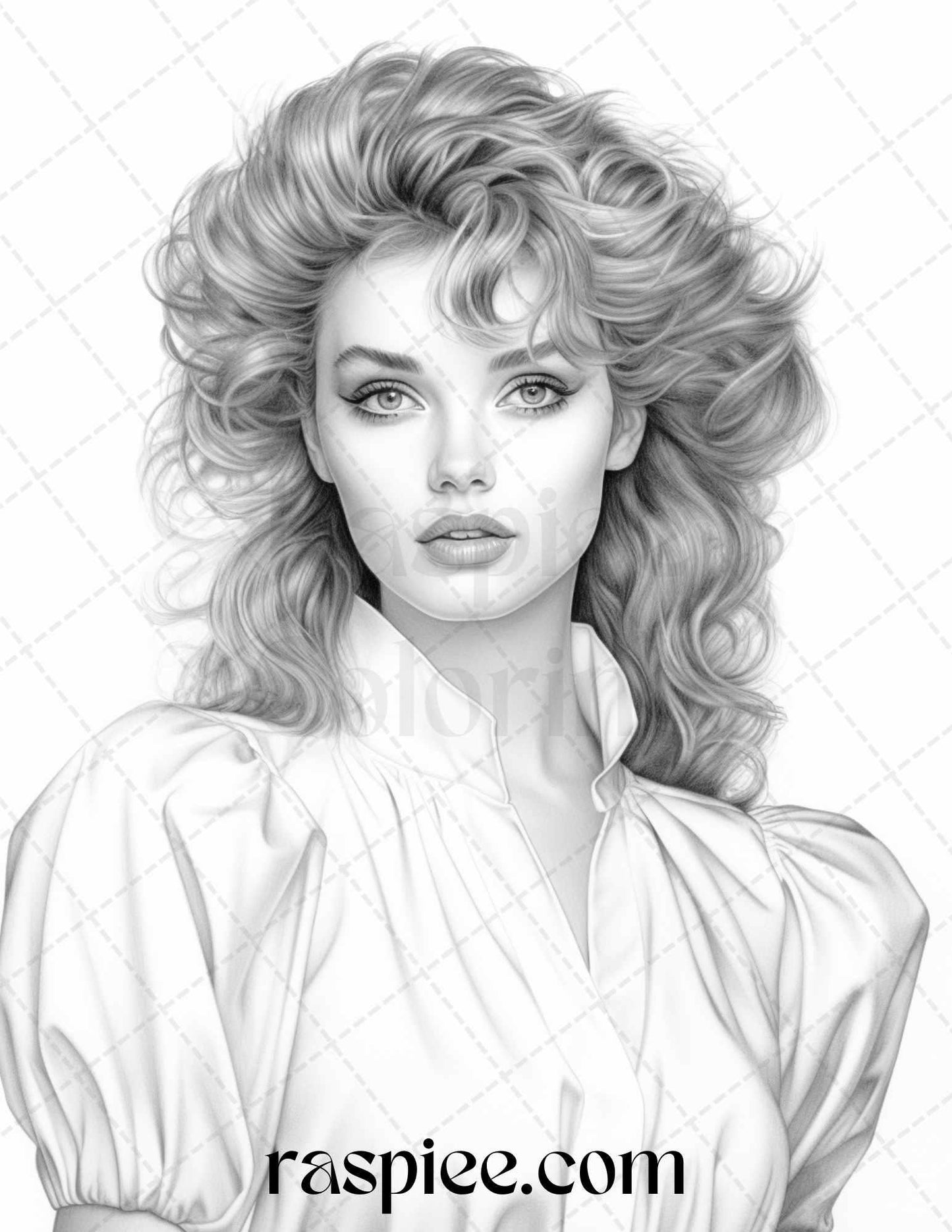 1980s Retro Beautiful Women Grayscale Coloring Pages for Adults, PDF File Instant Download