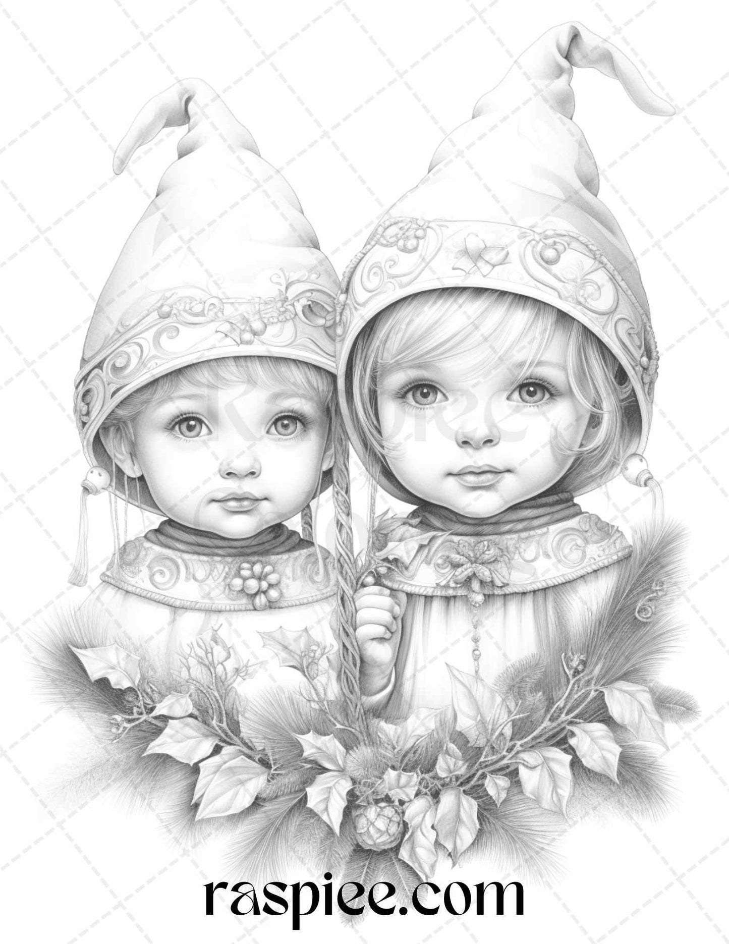 110 Christmas Elves Grayscale Coloring Pages Printable for Adults Kids, PDF File Instant Download