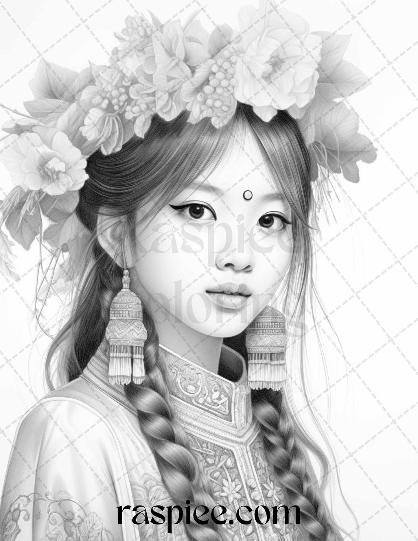 40 Beautiful Chinese Girls Grayscale Coloring Pages for Adults, Printable PDF File Instant Download