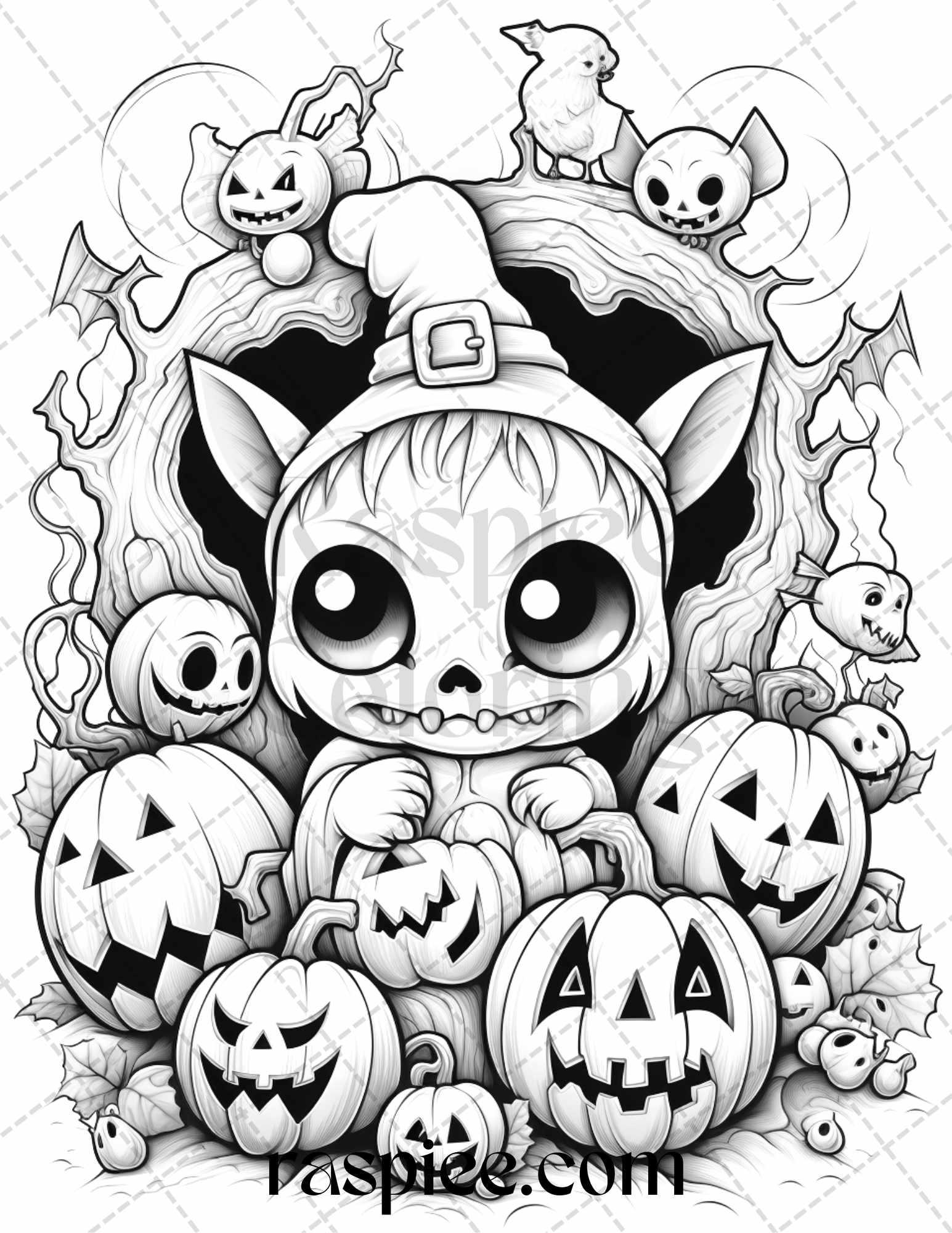 40 Halloween Creepy Kawaii Grayscale Coloring Pages for Adults and Kids, Printable PDF File Instant Download