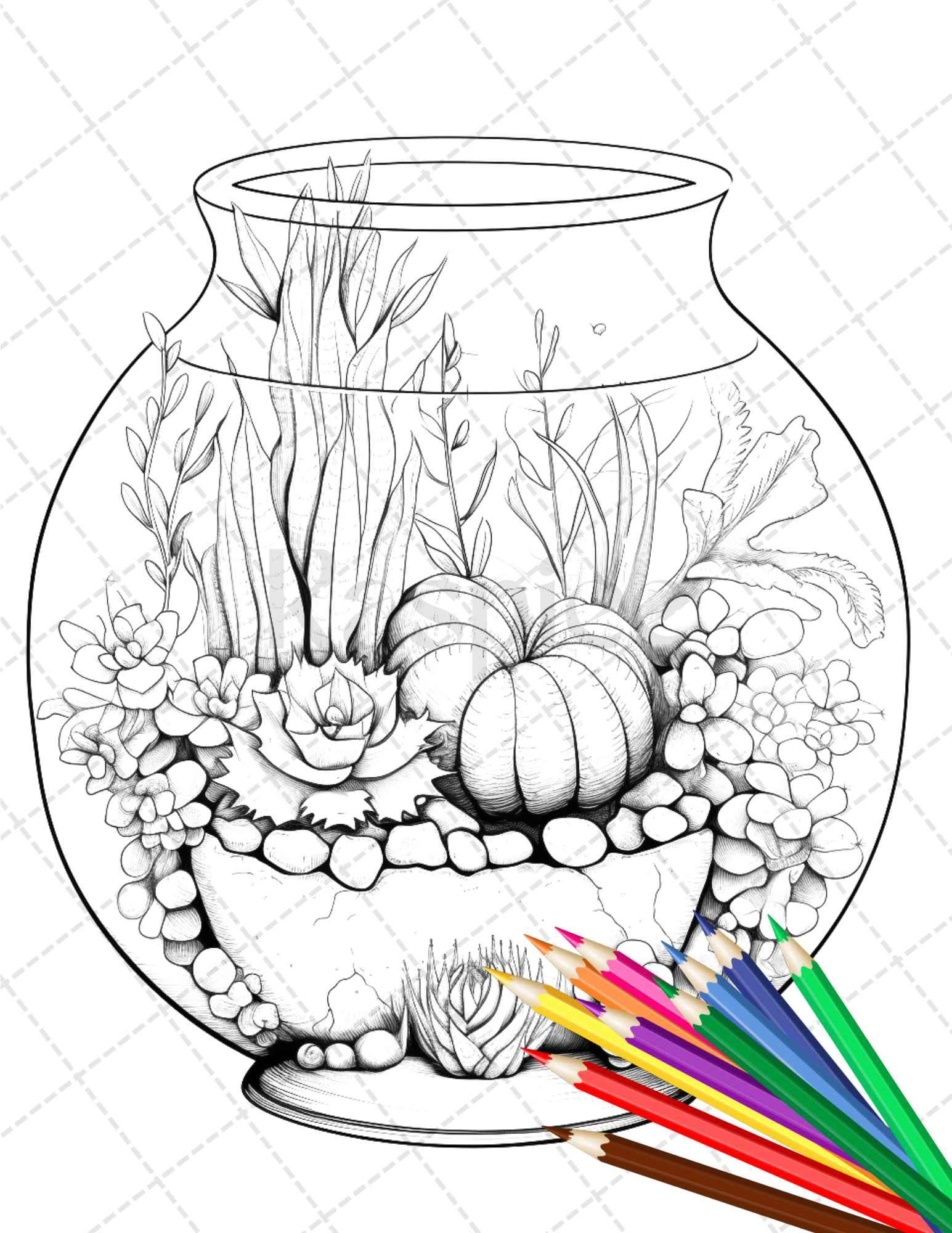 34 Enchanted Terrarium Grayscale Coloring Pages Printable for Adults, PDF File Instant Download