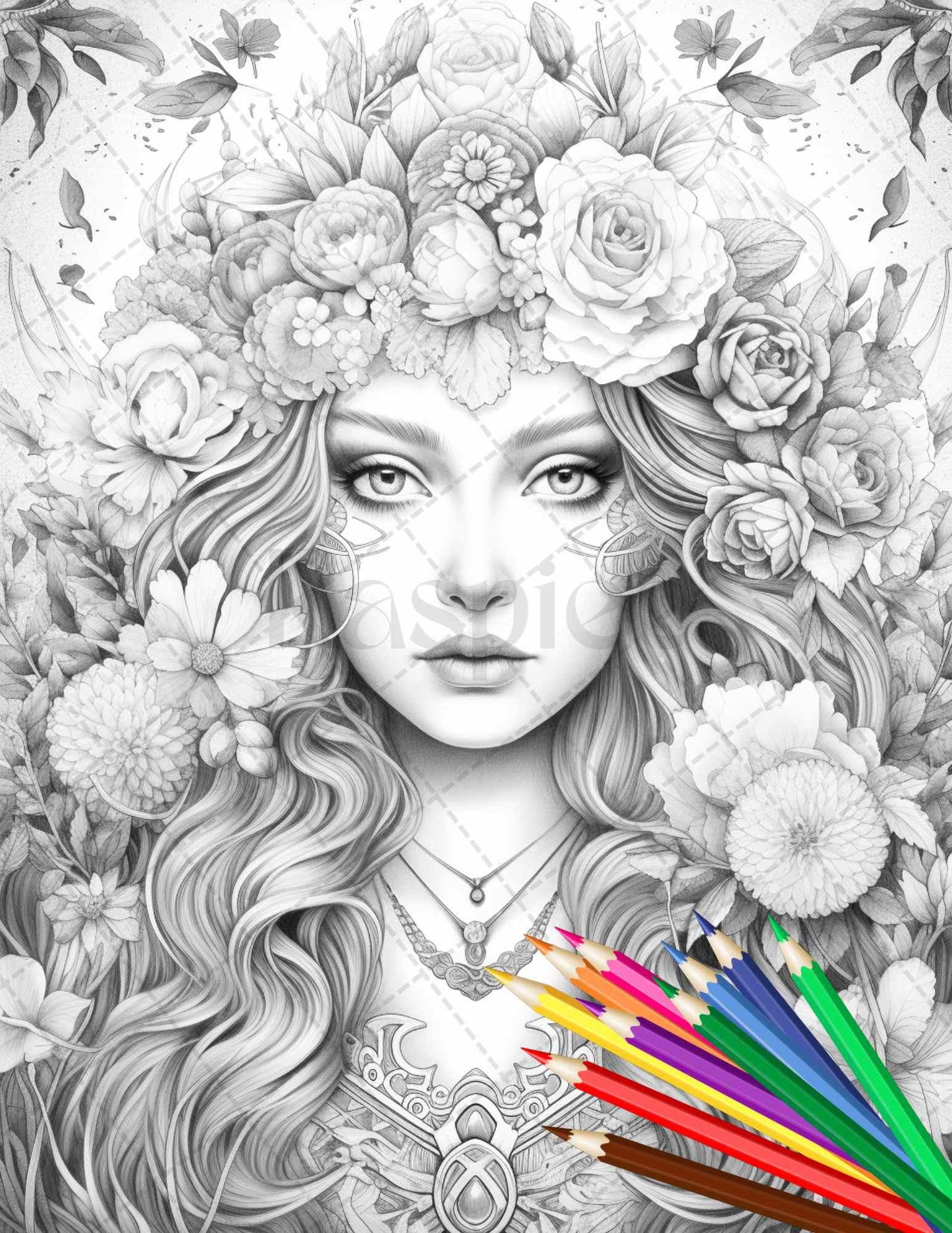 38 Flower Goddess Coloring Pages Printable for Adults, Grayscale Coloring Page, PDF File Instant Download