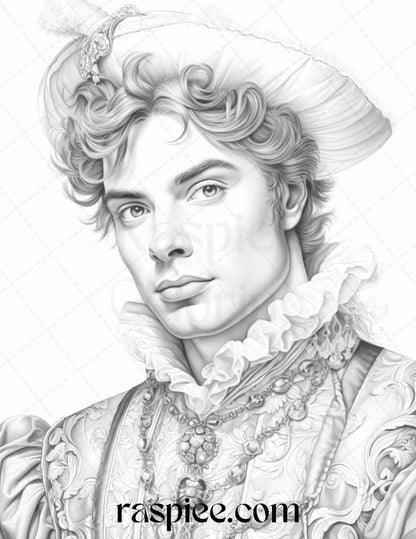 50 Baroque Man Portrait Grayscale Graysale Coloring Pages Printable for Adults, PDF File Instant Download