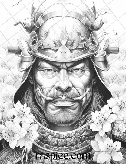 42 Japanese Samurai Grayscale Coloring Pages for Adults, Printable PDF File Instant Download