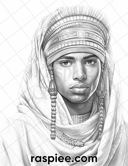 80 World Cultures Portraits Grayscale Adult Coloring Pages, Printable PDF Instant Download