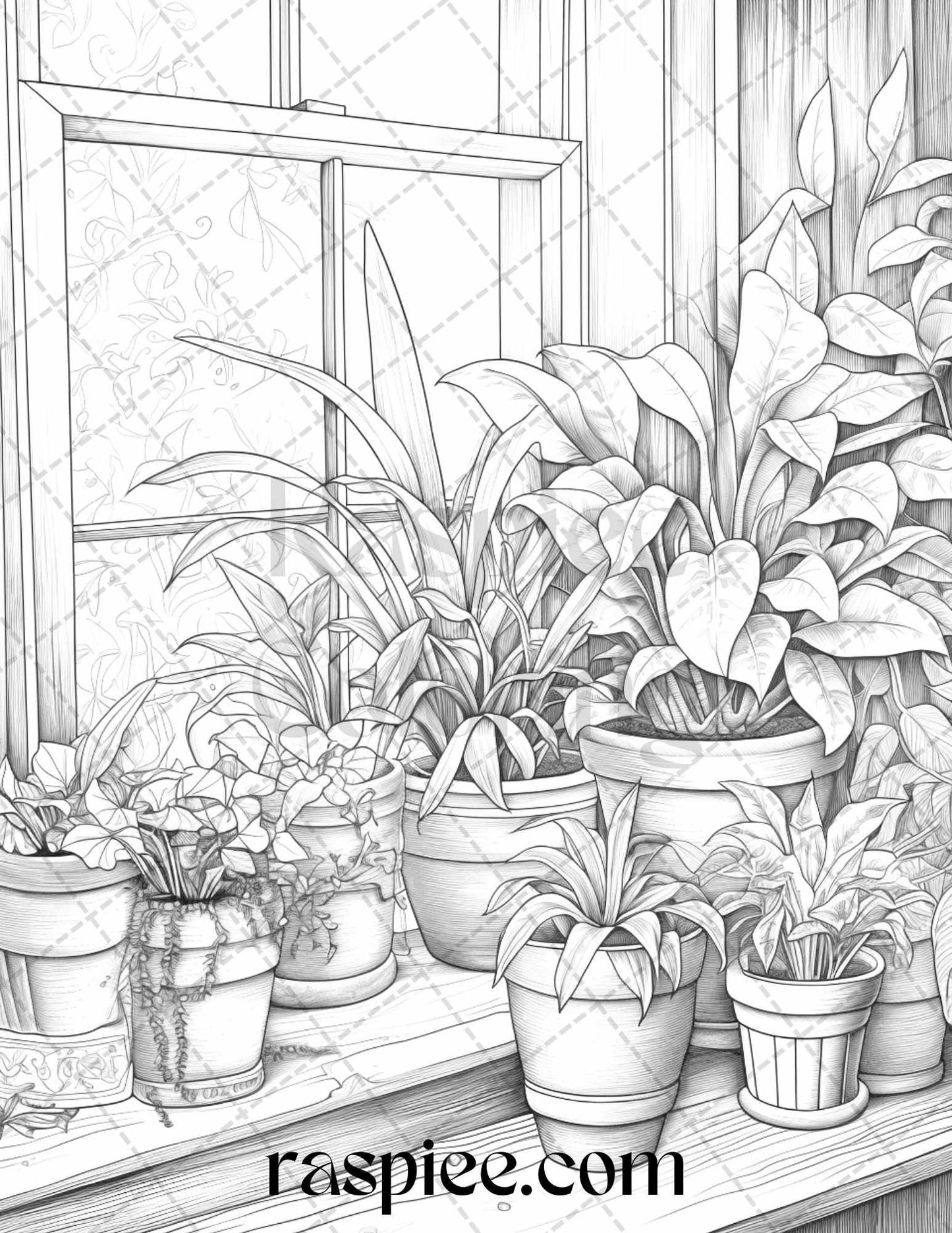 40 Window Plants Grayscale Coloring Pages Printable for Adults, PDF File Instant Download