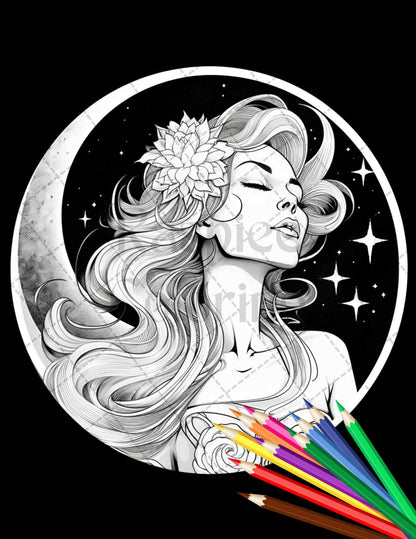 34 Beautiful Moon Fairies Grayscale Coloring Pages Printable for Adults, PDF File Instant Download