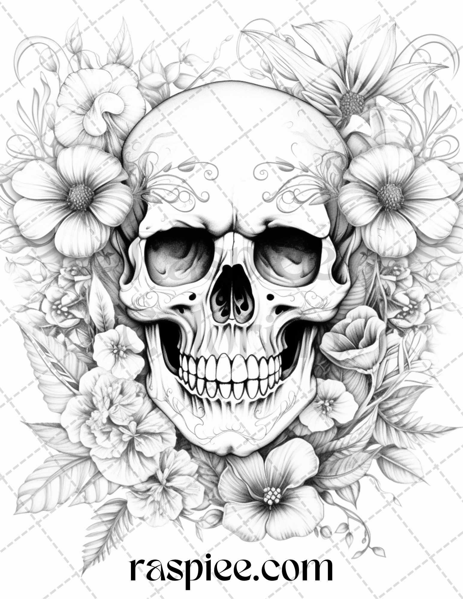 42 Floral Skull Grayscale Coloring Pages for Adults, Stress Relief Coloring Sheets, Printable PDF File Instant Download