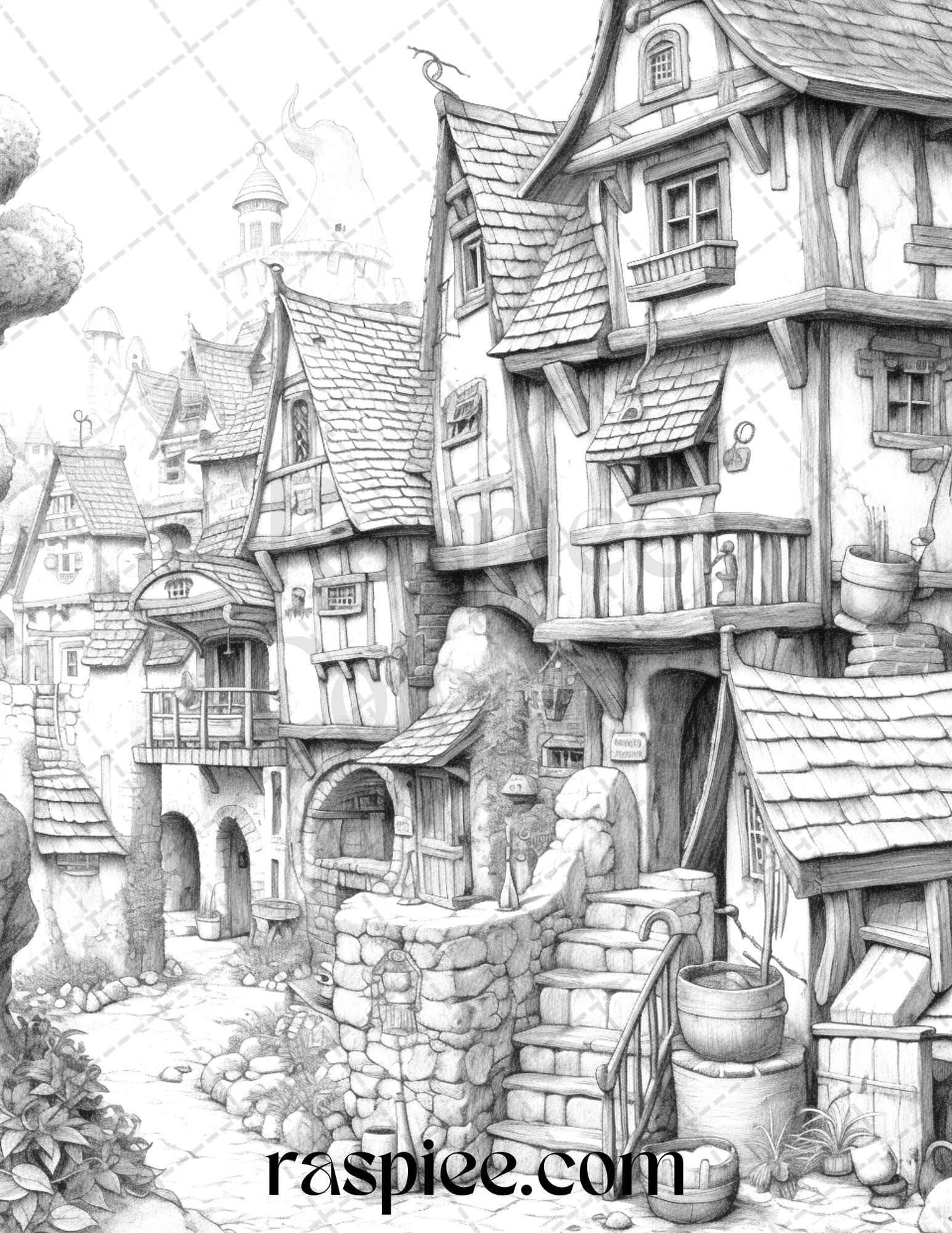 40 Fantasy Village Grayscale Coloring Pages Printable for Adults, PDF File Instant Download