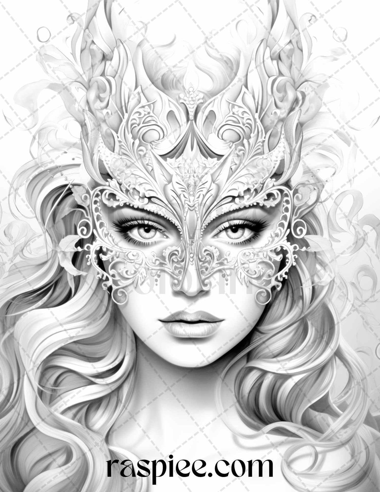 40 Masquerade Girls Grayscale Coloring Pages Printable for Adults, PDF File Instant Download