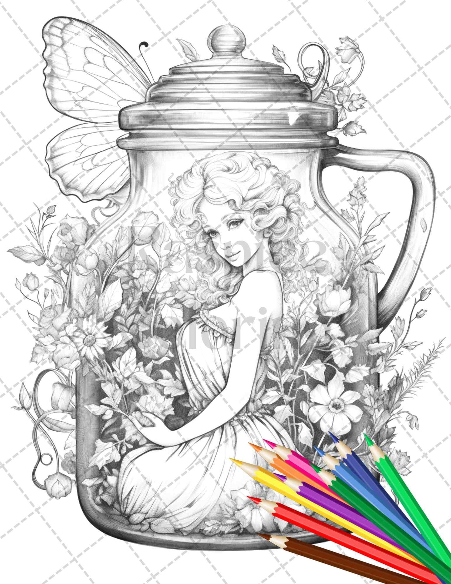 40 Beautiful Fairies in Jar Grayscale Coloring Pages Printable for Adults, PDF File Instant Download