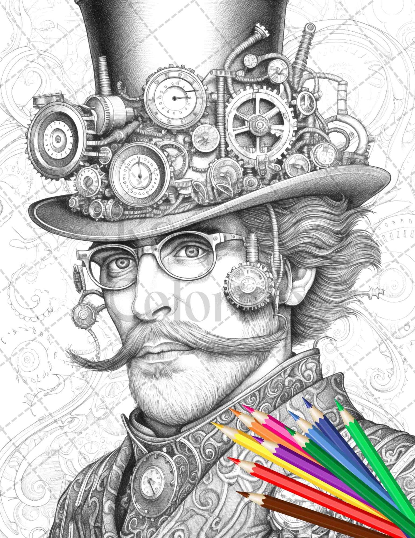 42 Steampunk Mens Grayscale Coloring Pages Printable for Adults, PDF File Instant Download