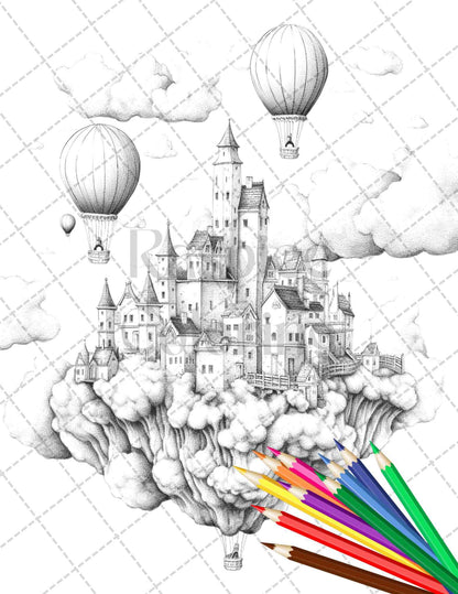 40 Fantasy Sky Houses Grayscale Coloring Pages Printable for Adults, PDF File Instant Download