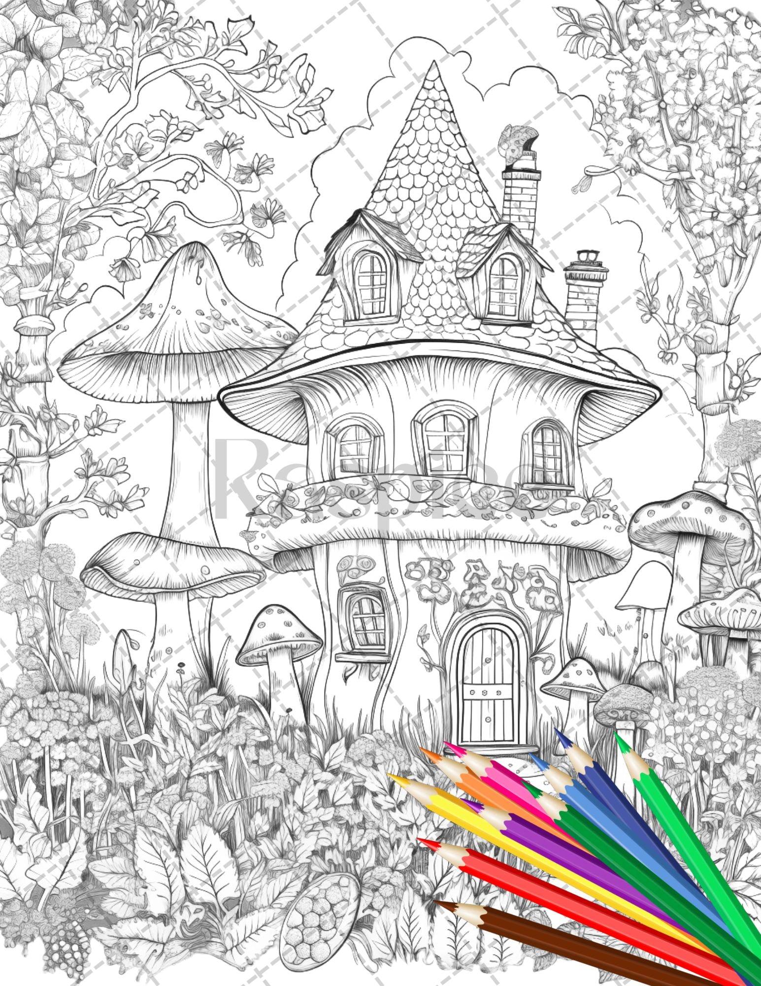 32 Whimsical Mushroom House Coloring Pages for Adults, Grayscale Coloring Book, Printable PDF File Download