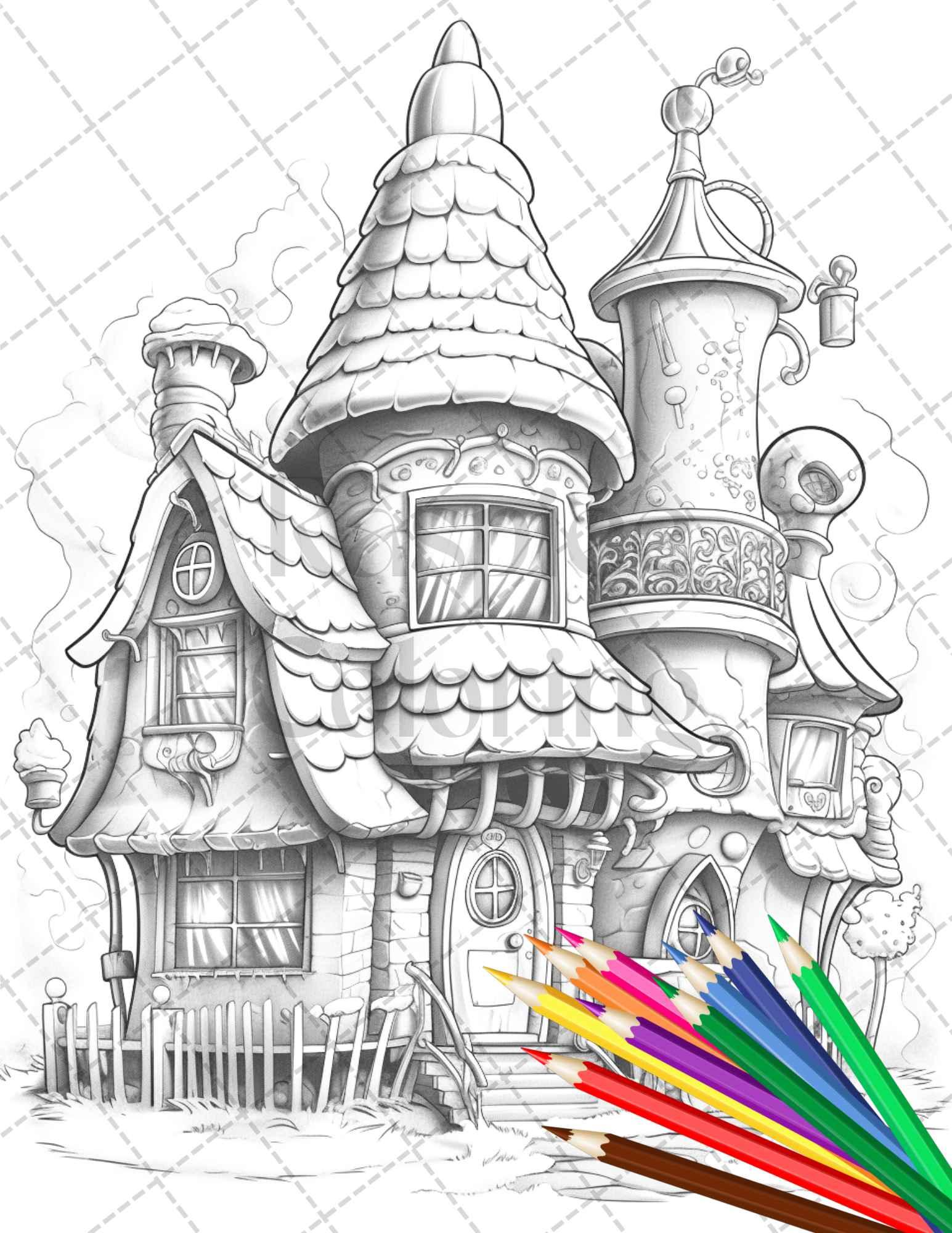 33 Ice Cream Houses Grayscale Coloring Pages Printable for Adults and Kids, PDF File Instant Download