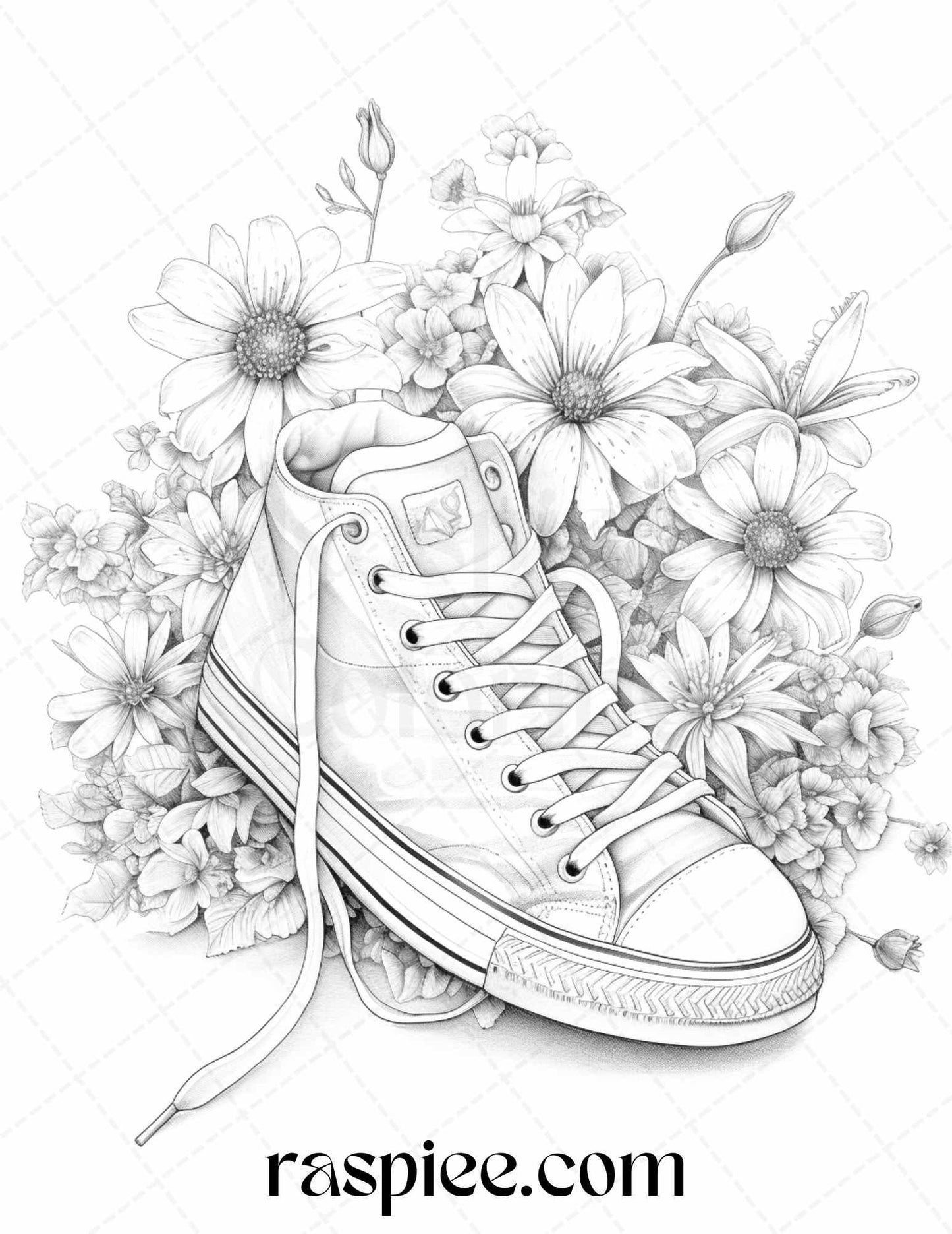 40 Flower Sneakers Grayscale Coloring Pages Printable for Adults, PDF File Instant Download