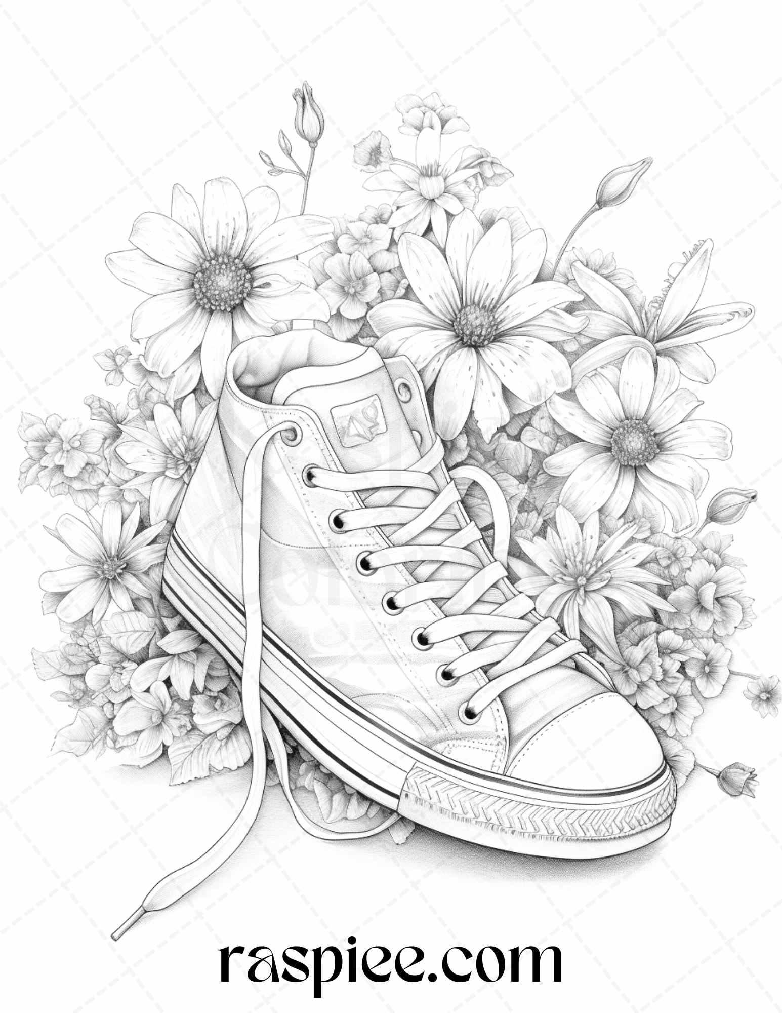 40 Flower Sneakers Grayscale Coloring Pages Printable for Adults, PDF File Instant Download